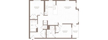 A floor plan of a house with a living room, kitchen, and two bedrooms.