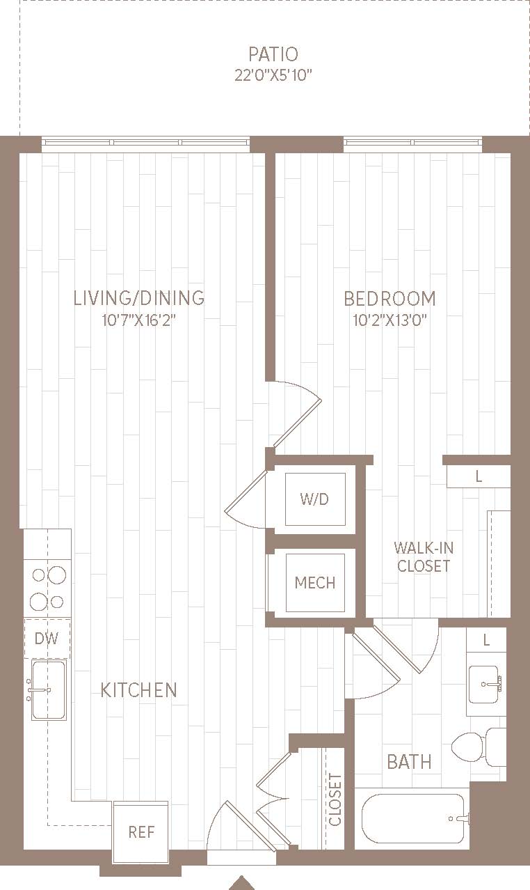 A floor plan of a small apartment with a living/dining area, kitchen, bedroom, bathroom, and walk-in closet.