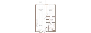 A floor plan of a balcony, living/dining area, kitchen, bathroom, bedroom, and walk-in closet.