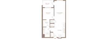 A floor plan of a home with a balcony, bedroom, living/dining area, kitchen, bath, and walk-in closet.