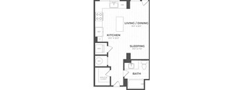 A floor plan of a small apartment with a kitchen, living room, sleeping area, and bathroom.