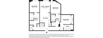 A black and white image of a floor plan for a house with three bedrooms, a living/dining area, a kitchen, a bath/walk-in closet, a mech, a ref, and a bath.