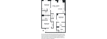 A floor plan of a house with three bedrooms, a living/dining area, a kitchen, and two bathrooms.