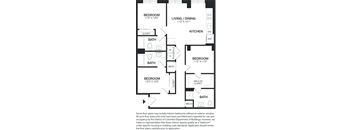 A floor plan of a house with three bedrooms, a living/dining area, a kitchen, and two bathrooms.