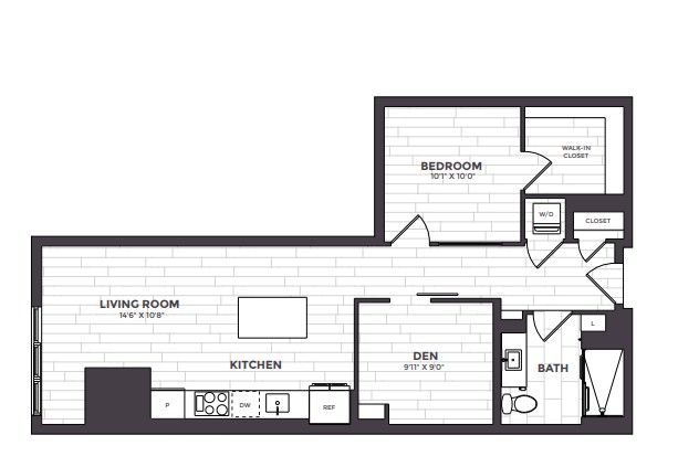 A black and white floor plan of a house with a living room, kitchen, den, and bedrooms.