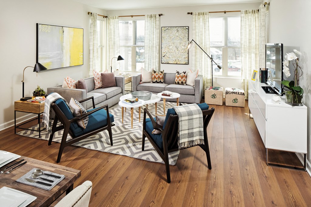 a living room with couches and chairs and a rug