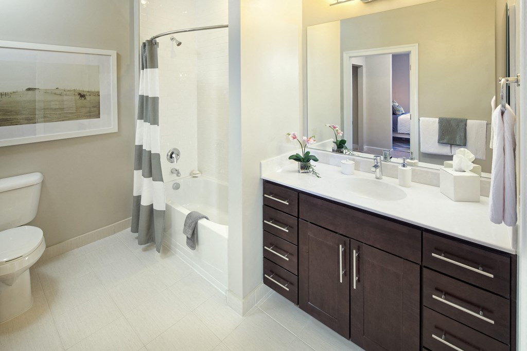 a bathroom with a sink and a shower and a toilet