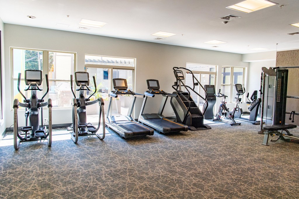 a gym with cardio equipment in a room with windows
