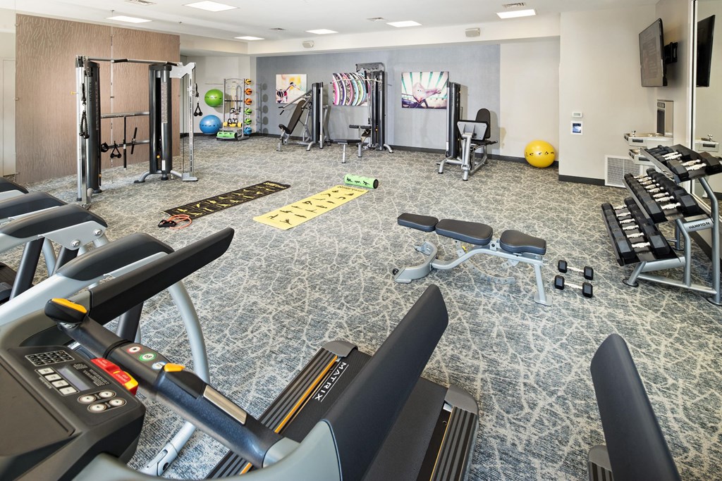 a gym with cardio equipment and weights on the floor and a wall with a tv