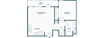 A floor plan of a house with a living/dining area, kitchen, bedroom, bathroom, and patio.