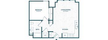 A floor plan of a house with a bedroom, living/dining area, kitchen, bathroom, and laundry room.