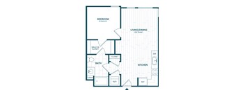 A floor plan of a house with a bedroom, living/dining area, kitchen, bath, and closet.