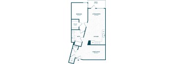 A floor plan of a house with a living room, kitchen, bathroom, bedroom, and home office.