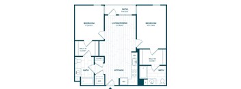 A floor plan of a house with two bedrooms, a living/dining area, a kitchen, two bathrooms, and a closet.
