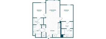 A floor plan of a house with three bedrooms, a living/dining area, a kitchen, two bathrooms, and two closets.