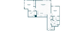 A floor plan of a house with two bedrooms, a living/dining area, a kitchen, a bathroom, a walk-in closet, and a reference room.