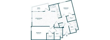 A floor plan of a house with a living room, kitchen, two bedrooms, and a patio.
