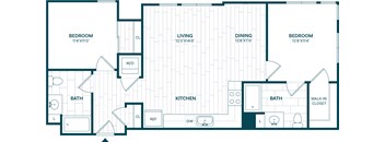 A floor plan of a house with two bedrooms, a living room, a dining room, a kitchen, two bathrooms, a walk-in closet, and a laundry room.