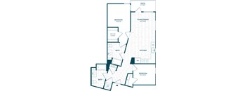 A floor plan of a home with a living area, two bedrooms, a bathroom, a kitchen, and a walk-in closet.