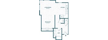 A floor plan of a small apartment with a bed alcove, bathroom, and kitchen.