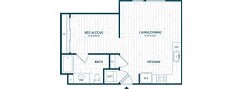 A floor plan of a house with a bed alcove, bathroom, living/dining area, kitchen, and a laundry room.