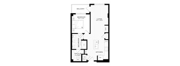 A black and white floor plan of an apartment with a bedroom, living room, kitchen, bathroom, and walk-in closet.
