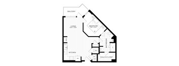 A black and white floor plan of a house with a balcony, living room, bedroom, bathroom, kitchen, dining room, and walk-in closet.