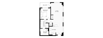 A black and white drawing of a house plan with a living room, kitchen, bathroom, bedroom and closet.