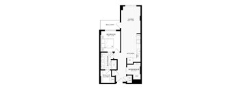 A floor plan of an apartment with a living room, kitchen, bathroom, and bedroom.