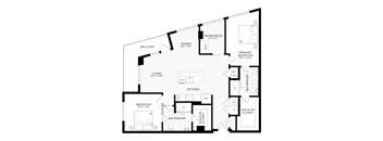 A black and white floor plan of an apartment with a living room, dining room, kitchen, and several bedrooms.