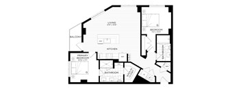 A black and white floor plan of a house with a living room, kitchen, two bedrooms, and two bathrooms.