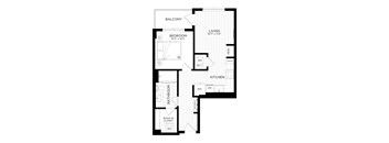 A floor plan of an apartment with a balcony, bedroom, bathroom, walk-in closet, kitchen, and living room.