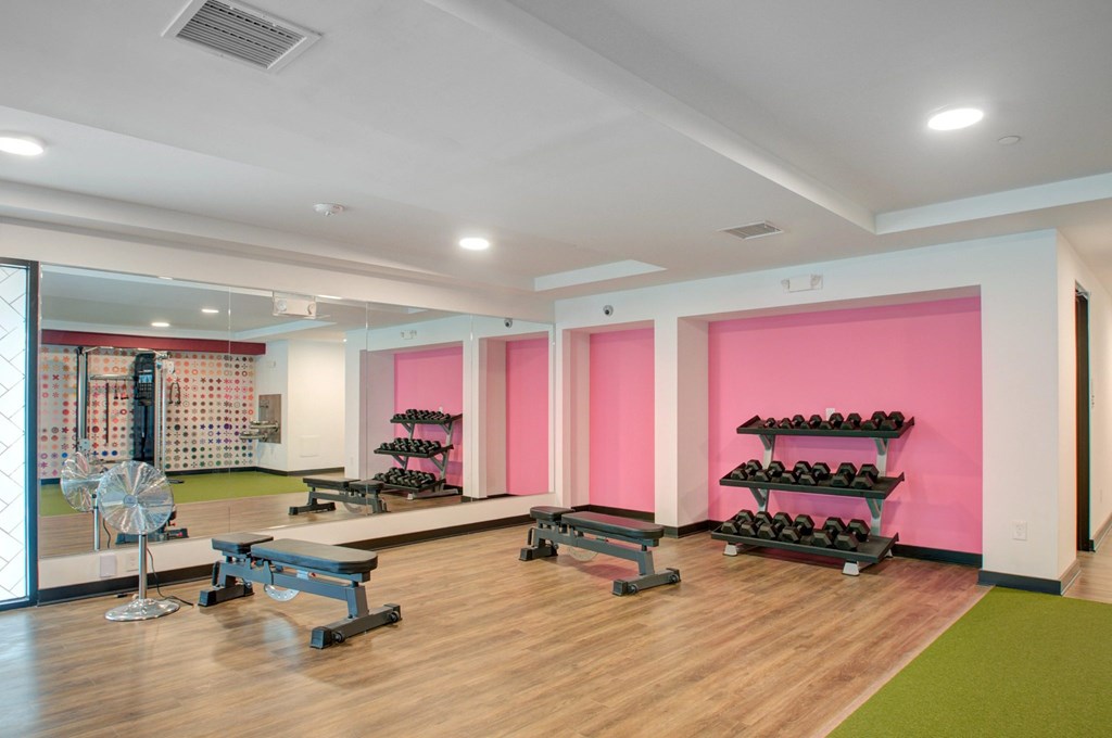 A gym with pink walls and a green mat.