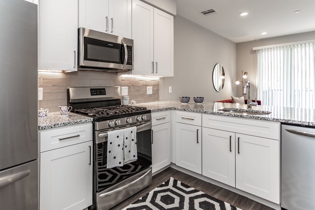 A modern kitchen with white cabinets and a black and white patterned rug.
