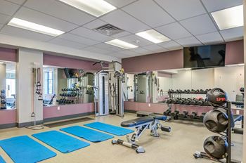 A gym with blue mats on the floor.