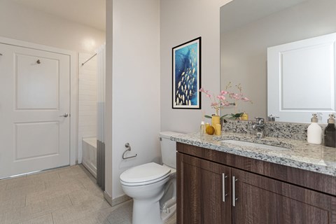 A bathroom with a toilet, sink, and a painting on the wall.