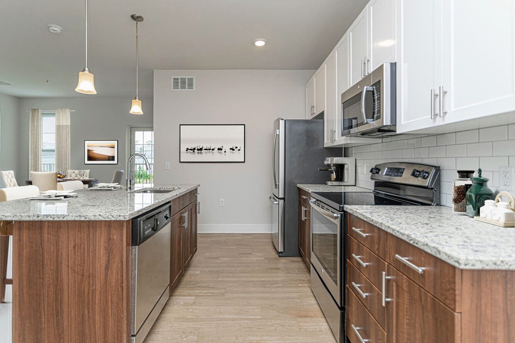 A kitchen with a granite countertop and stainless steel appliances.
