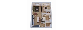 a 3d floor plan of a house with a living room and a kitchen