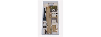 an overhead view of a two story apartment with a wood floor