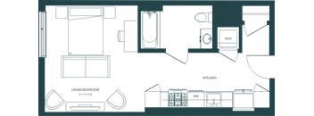 a floor plan of a room with a kitchen and a bathroom