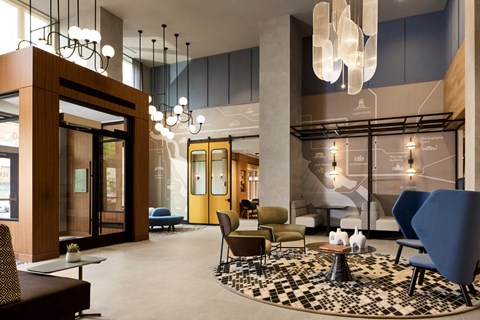 A modern living room with a black and white rug and blue chairs.