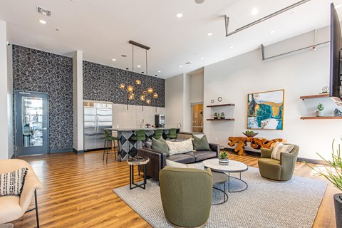 A living room with a grey rug and a green chair.