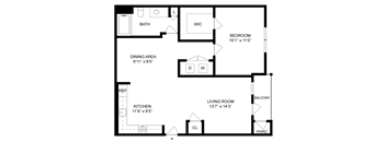 A floor plan of a house with a living room, dining area, kitchen, bedroom, and bathroom.