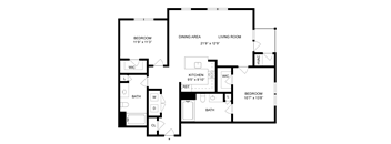 A floor plan of a house with a living room, dining area, kitchen, and two bedrooms.
