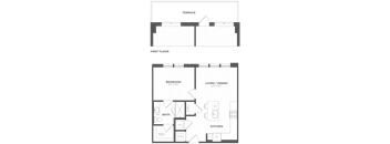 A floor plan of a building with multiple rooms and corridors.