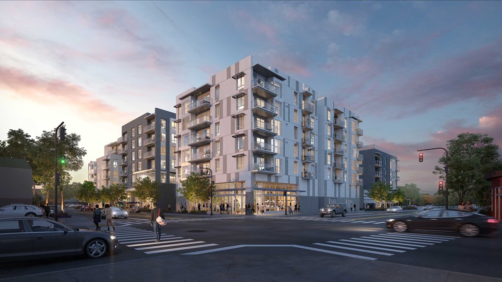 a rendering of an apartment building on a city street