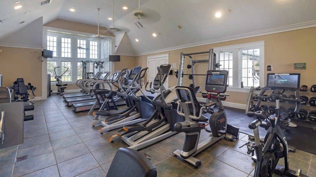 A gym with treadmills, exercise bikes, and other equipment.
