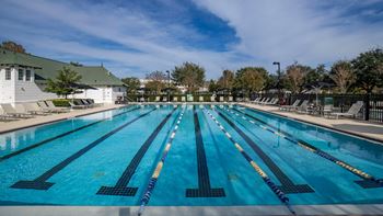 A large outdoor swimming pool with blue water and lane markers.