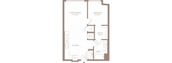 A floor plan of a home with a living/dining area, kitchen, bedroom, bathroom, and closet.