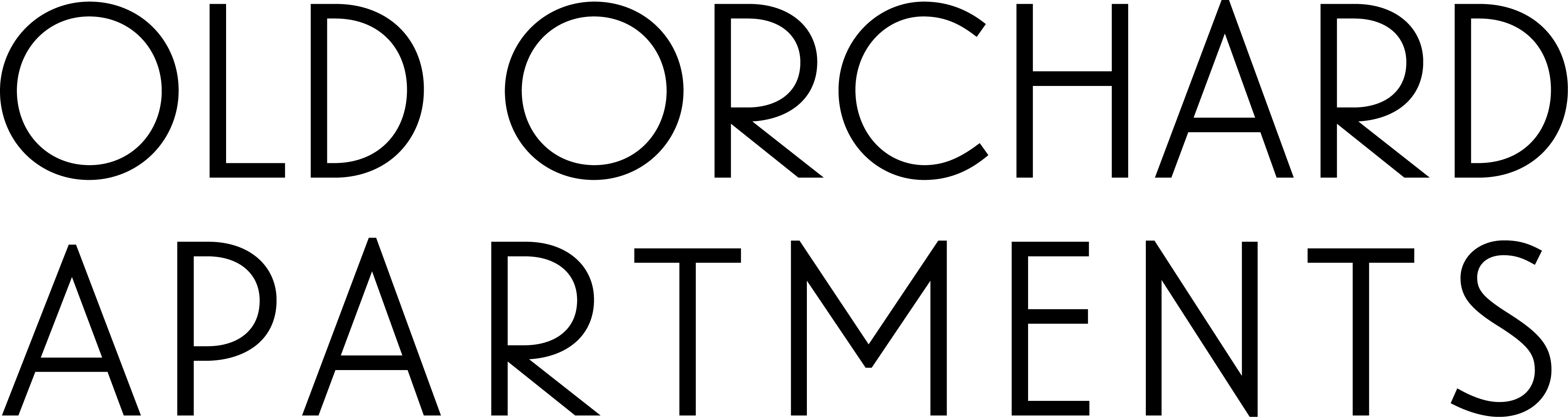 The image shows the words "OLD ORCHARD APARTMENTS" in large black letters on a white background.